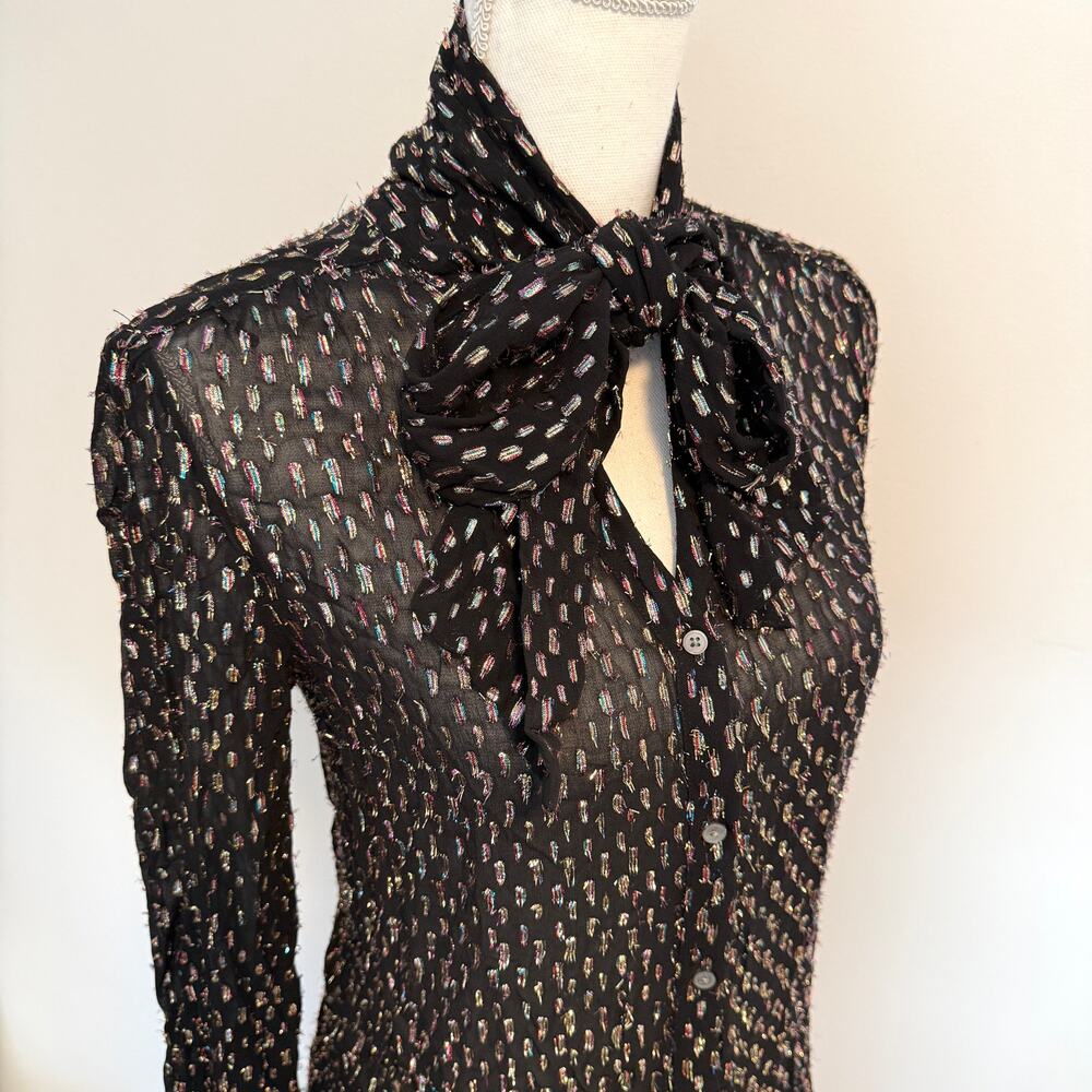 J. Crew Tie Neck Sheer Rainbow Lurex Dot Blouse Top In Black Size XS - Picture 9 of 14